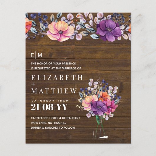 BUDGET Landelijke paarse koraalperzik trouwuitnodi (Voorkant)