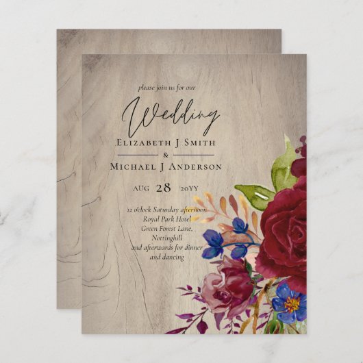 BUDGET Landelijke roodwijn blauwe bloemige trouw u (Voorkant / Achterkant)