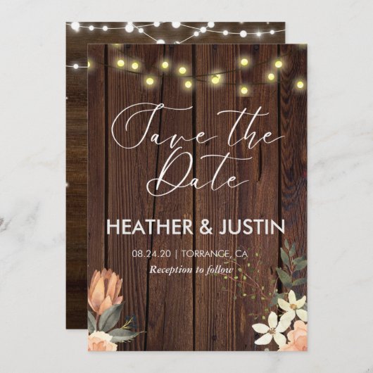 Budget Landelijke Script Slingerlichten & Kanten B Save The Date (Voorkant / Achterkant)