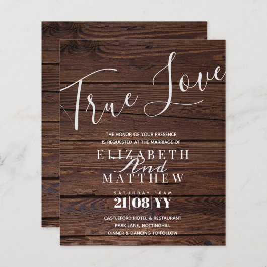 Budget Landelijke Typografie Houten Trouwuitnodigi (Voorkant / Achterkant)