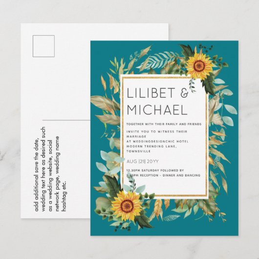 Budget Landelijke Zonnebloemen BOHO Groene Huwelij Briefkaart (Voorkant / Achterkant)
