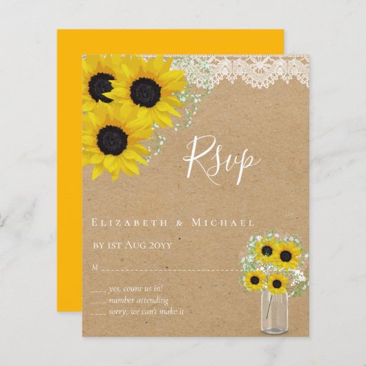 BUDGET Landelijke Zonnebloemen RSVP Bruiloft (Voorkant / Achterkant)