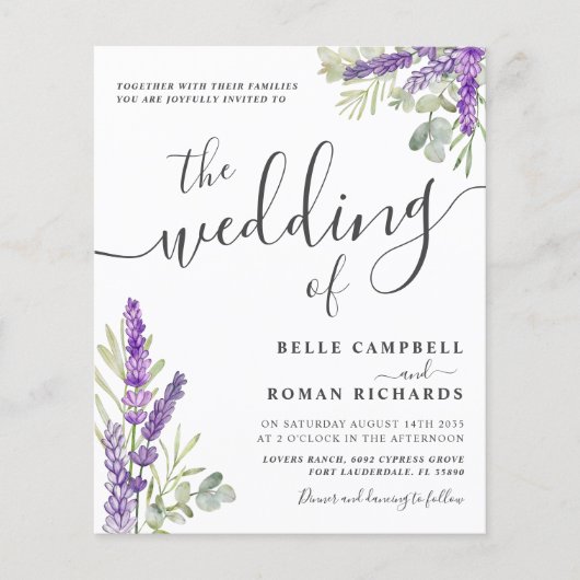 Budget Lavendel Bloemen QR Code Huwelijksuitnodigi (Voorkant)