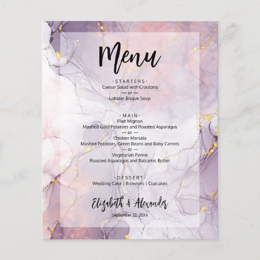 Budget Lavendel Goud Marmeren Trouwmenu Flyer (Voorkant)