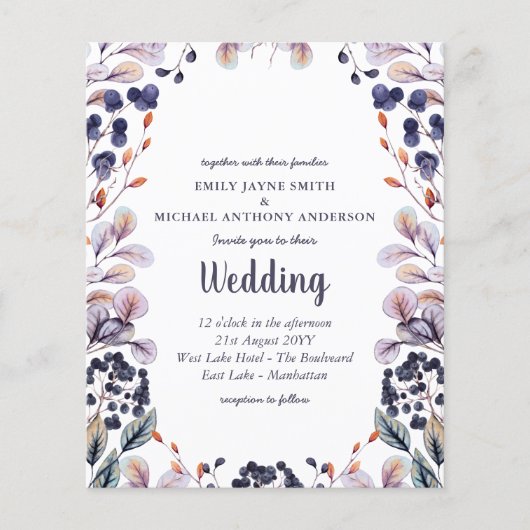 Budget Lavendel Paarse Bladeren Trouw Uitnodiging (Voorkant)