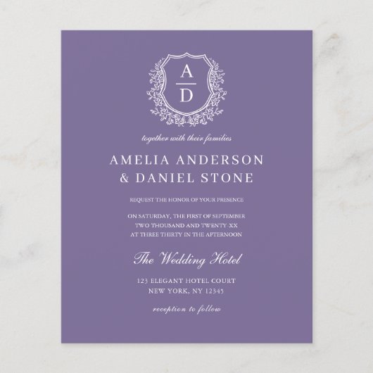 Budget Lavendel Paarse Crest bruiloft uitnodiging (Voorkant)
