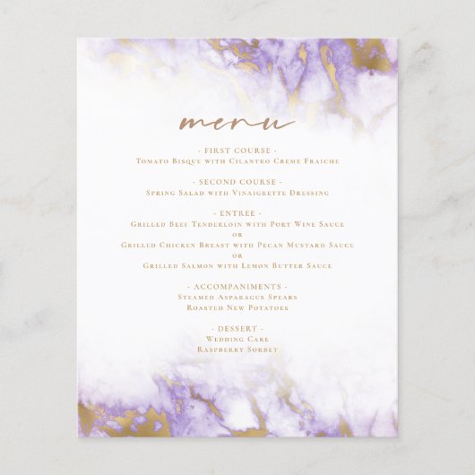 Budget Lavender Gold Marble Wedding Menu (Voorkant)