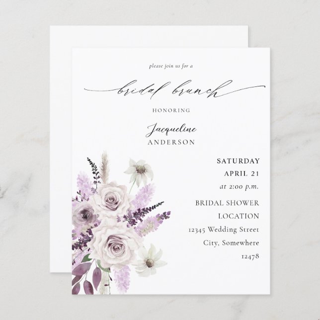 Budget Lavender Paarse Floral Bridal Brunch (Voorkant / Achterkant)