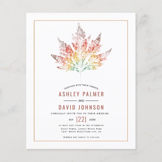 BUDGET Leaf print oranje fall bruiloft uitnodiging (Voorkant)