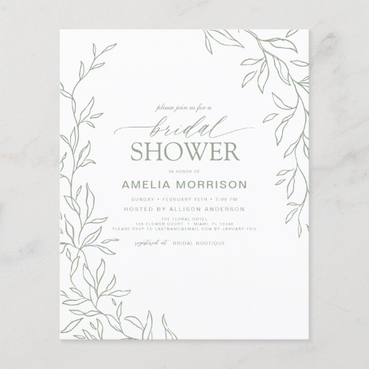 Budget Leaf Sage Green Bruids Douche Uitnodiging Flyer (Voorkant)