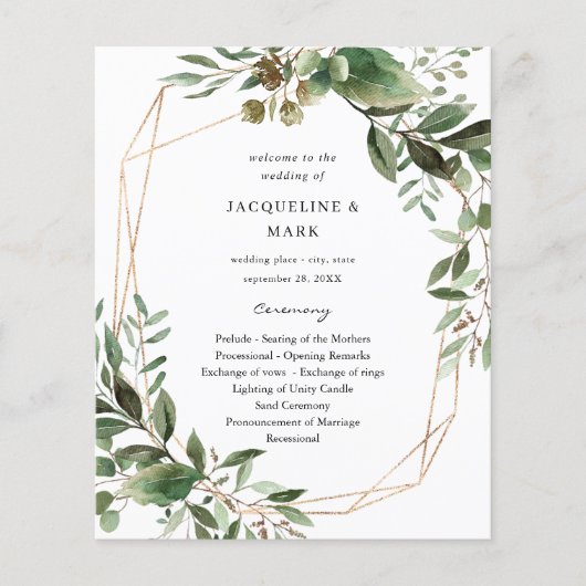 Budget Leaves & Eucalyptus Gold Wedding Ceremony Flyer (Voorkant)