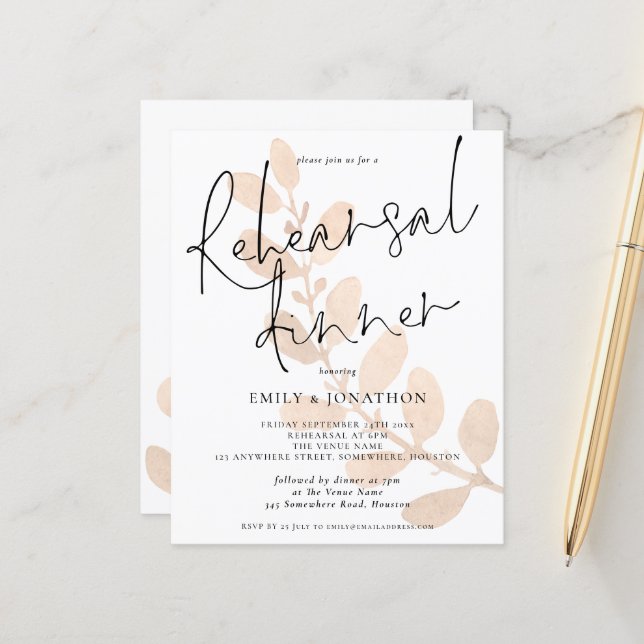 Budget Leaves Wedding Rehearsal Dinner Uitnodiging (Voorkant / Achterkant in situ)