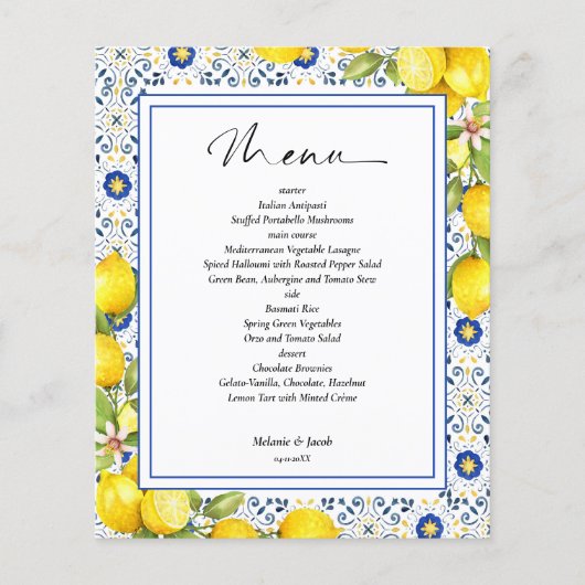 Budget Lemon Blue Tegels bruiloft Menu Flyer (Voorkant)
