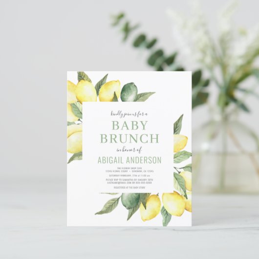 Budget Lemon Citrus Modern Baby Brunch Uitnodiging (Staand voorkant)