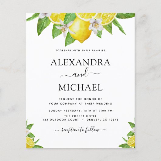 Budget Lemon Citrus Yellow Waterverf Wedding Flyer (Voorkant)