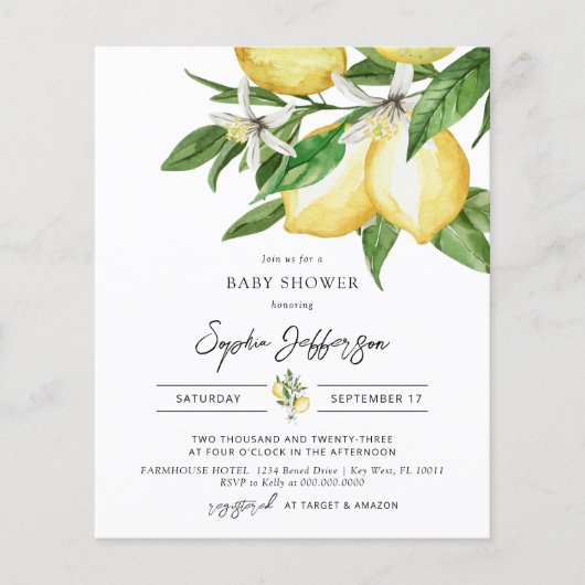 Budget Lemon Greenery Baby shower Uitnodiging (Voorkant)