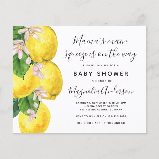 Budget Lemon Main Squeeze Baby shower Invitation (Voorkant)