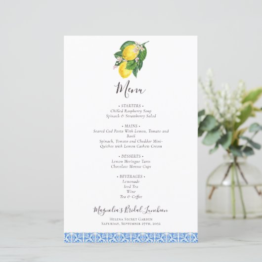 BUDGET Lemon Mediterranean Bridal Luncheon Menu (Staand voorkant)