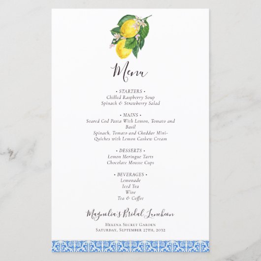 BUDGET Lemon Mediterranean Bridal Luncheon Menu (Voorkant)