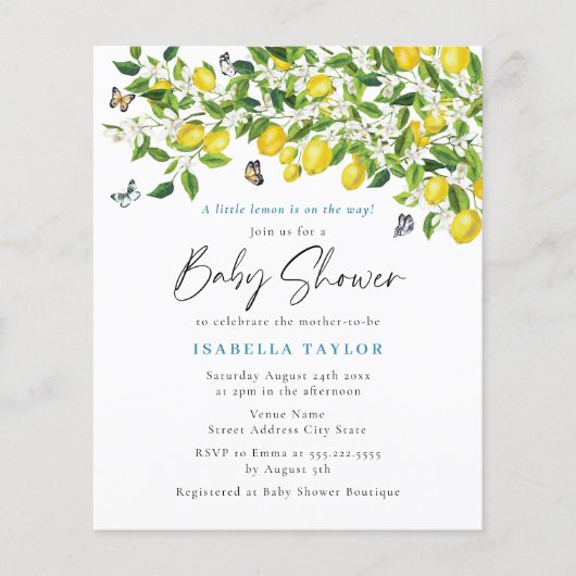 Budget Lemon Summer Baby shower Uitnodiging (Voorkant)