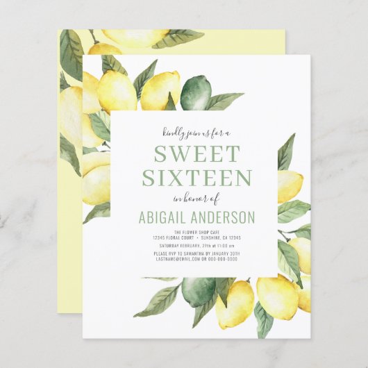 Budget Lemon Sweet Sixteen uitnodiging (Voorkant / Achterkant)