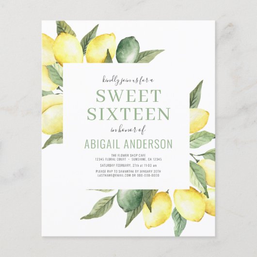 Budget Lemon Sweet Sixteen uitnodiging Flyer (Voorkant)