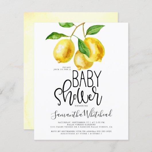Budget Lemon Waterverf Baby shower Uitnodiging (Voorkant / Achterkant)
