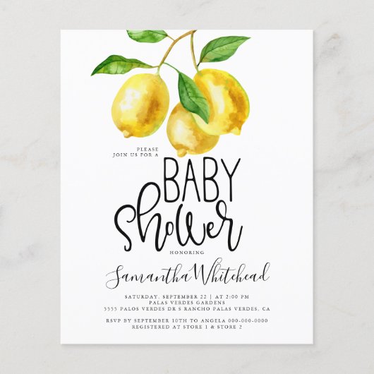 Budget Lemon Waterverf Baby shower Uitnodiging (Voorkant)