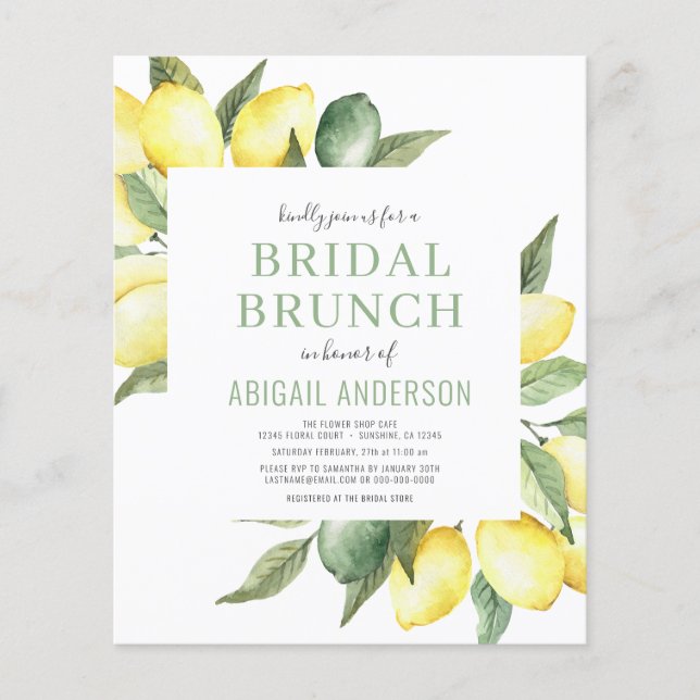 Budget Lemon Waterverf Bridal Brunch Uitnodiging (Voorkant)
