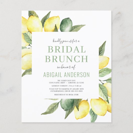 Budget Lemon Waterverf Bridal Brunch Uitnodiging Flyer (Voorkant)