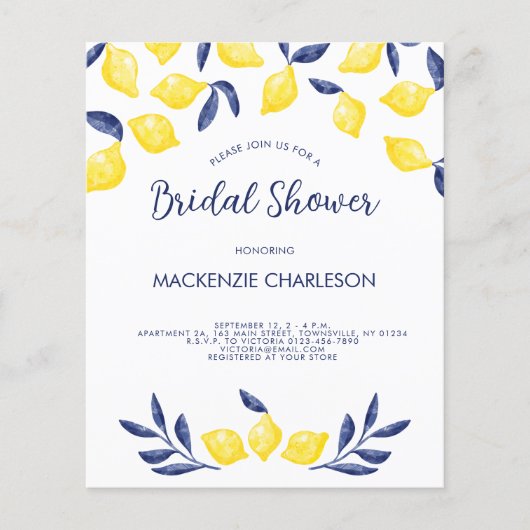 Budget Lemon Waterverf Bridal Shower Uitnodiging Flyer (Voorkant)