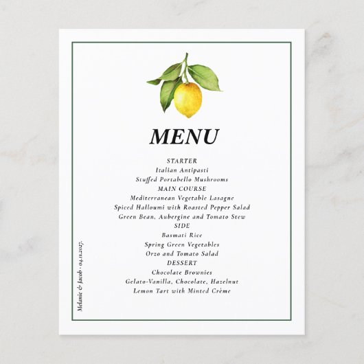 Budget Lemon Wedding Menu (Voorkant)