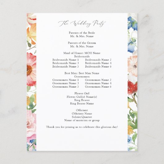 Budget lente MultiFloral bruiloft ceremonie progra (Achterkant)