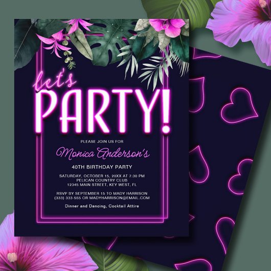 Budget Let's Party Pink Neon Tropische Verjaardag Flyer