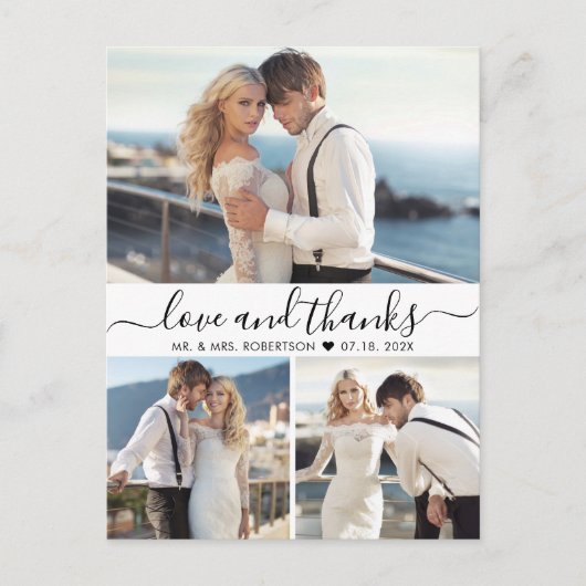 Budget Liefde en Bedankt 3 Foto Bruiloft Dank U Briefkaart (Voorkant)