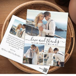 Budget Liefde en Bedankt 3 Foto Bruiloft Dank U Briefkaart<br><div class="desc">Budget Elegante Stijlvolle Hand Letterde "Liefde en bedankt" Script 3 Fotocollage Bruiloft Dank u briefkaart. Minimalistische bruiloft dank u kaart sjabloon met 3 foto op de voorkant en een foto op de achterkant. Met de tekst "Liefde en bedankt" in een wervelende met de hand geletterde typografie of typografie script lettertype...</div>