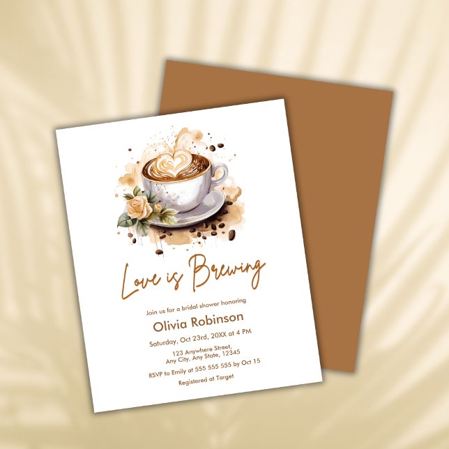 Budget Liefde is Brouwen Coffee Vrijgezellenfeest  (Budget Floral Love is Brewing Brown Coffee Bridal Shower Invitation  )