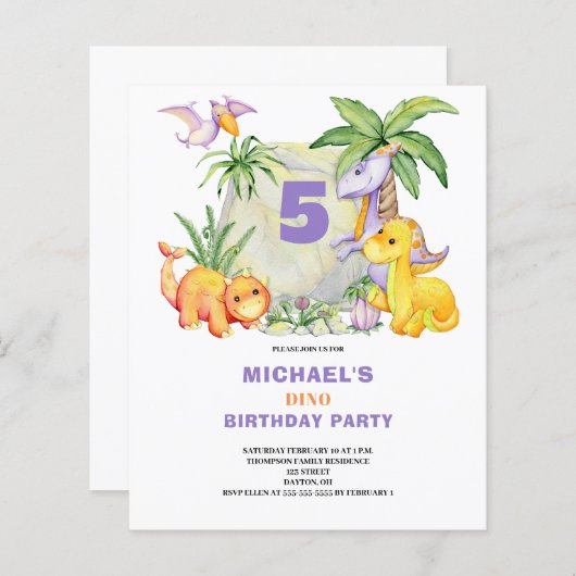 Budget Lieve Dinosaurus 5e Verjaardagsuitnodiging (Voorkant / Achterkant)