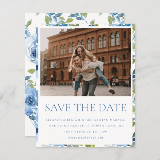 Budget Light Blue Floral Photo Weduwnaar Save Date (Voorkant / Achterkant)