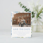 Budget Light Blue Floral Photo Weduwnaar Save Date (Staand voorkant)