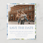 Budget Light Blue Floral Photo Weduwnaar Save Date (Voorkant)