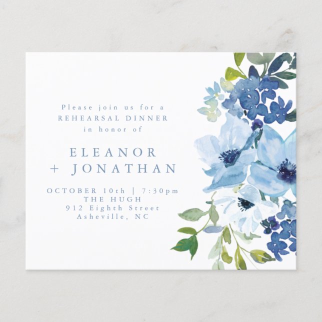 Budget Light Blue Floral Rehearsal Dinner Invite (Voorkant)