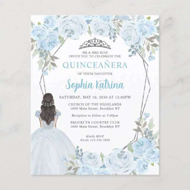 Budget Light Blue Gray Floral Princess Quinceañera (Voorkant)
