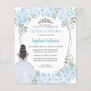 Budget Light Blue Gray Floral Princess Quinceañera
