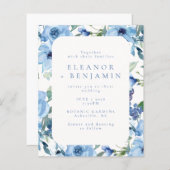 Budget Light Blue Waterverf Floral Wedding Invite (Voorkant / Achterkant)