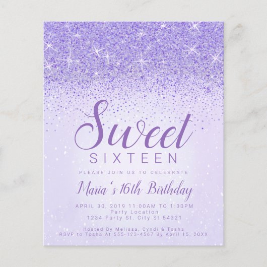 Budget Light Paars Glitter, Sweet 16 Uitnodigingen (Voorkant)