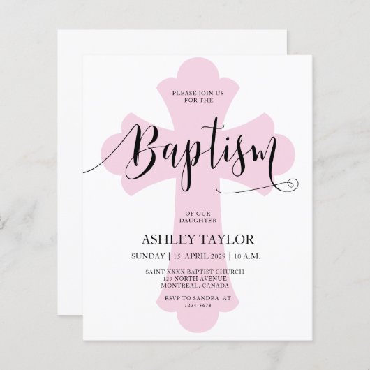 Budget Light Pink Cross Baptism invitation (Voorkant / Achterkant)