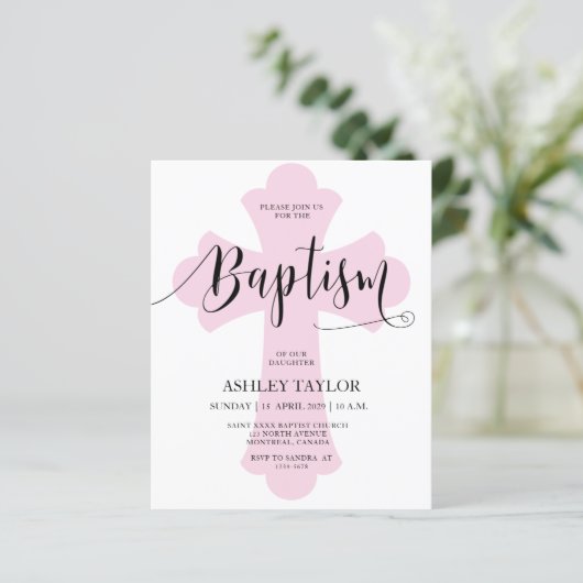 Budget Light Pink Cross Baptism invitation (Staand voorkant)