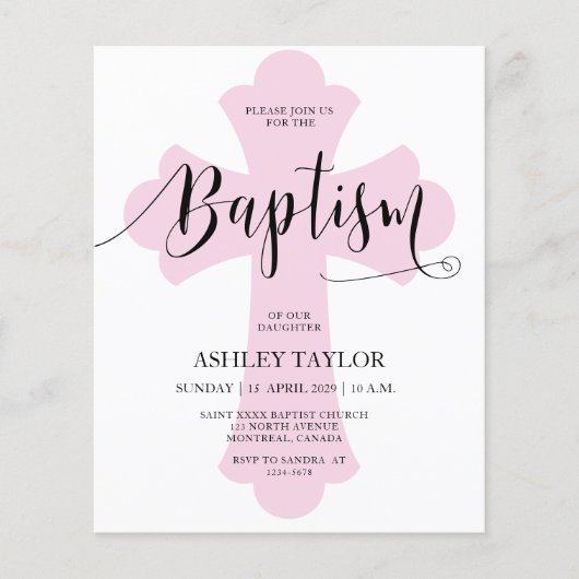 Budget Light Pink Cross Baptism invitation (Voorkant)