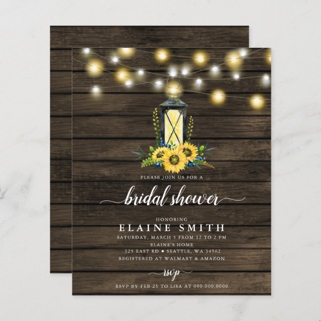 Budget Lights Sunflower Bridal Shower Invitation (Voorkant / Achterkant)